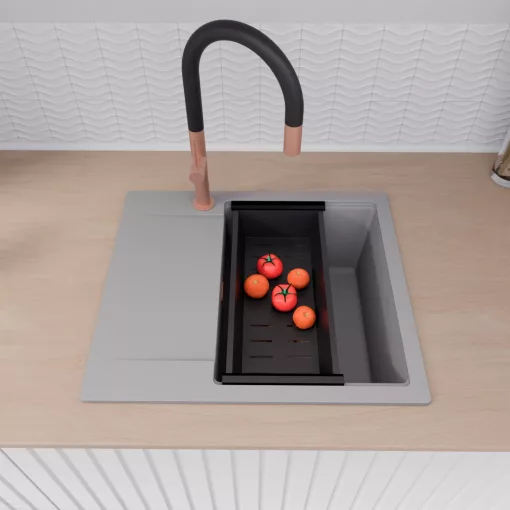 HD Onyx Grey 58 egymedencés gránit mosogatótálca szett, csepegtetőtálcával, vágódeszkával, matt fekete csepegtetőráccsal és kosárral, alpesi szürke színben, szálcsiszolt réz leeresztő szifonnal