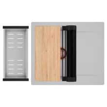 HD Onyx Grey 58 egymedencés gránit mosogatótálca szett, csepegtetőtálcával, vágódeszkával, matt fekete csepegtetőráccsal és krómozott kosárral, alpesi szürke színben, szálcsiszolt réz leeresztő szifonnal