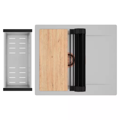 HD Onyx Grey 58 egymedencés gránit mosogatótálca szett, csepegtetőtálcával, vágódeszkával, matt fekete csepegtetőráccsal és krómozott kosárral, alpesi szürke színben, szálcsiszolt réz leeresztő szifonnal