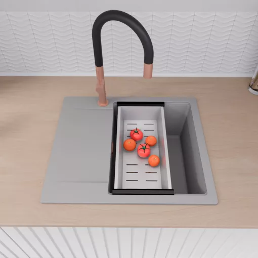 HD Onyx Grey 58 egymedencés gránit mosogatótálca szett, csepegtetőtálcával, vágódeszkával, matt fekete csepegtetőráccsal és krómozott kosárral, alpesi szürke színben, szálcsiszolt réz leeresztő szifonnal