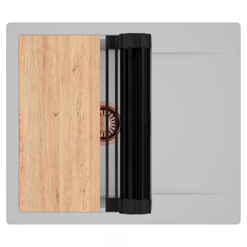 HD Onyx Grey 58 egymedencés gránit mosogatótálca szett, csepegtetőtálcával, vágódeszkával, matt fekete csepegtetőráccsal, alpesi szürke színben, szálcsiszolt réz leeresztő szifonnal