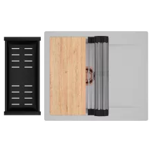 HD Onyx Grey 58 egymedencés gránit mosogatótálca szett, csepegtetőtálcával, vágódeszkával, acél csepegtetőráccsal és matt fekete kosárral, alpesi szürke színben, szálcsiszolt réz leeresztő szifonnal