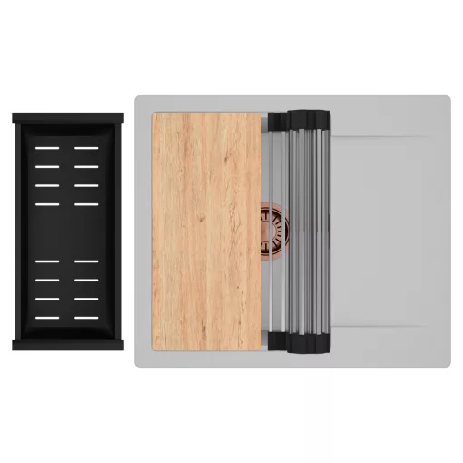 HD Onyx Grey 58 egymedencés gránit mosogatótálca szett, csepegtetőtálcával, vágódeszkával, acél csepegtetőráccsal és matt fekete kosárral, alpesi szürke színben, szálcsiszolt réz leeresztő szifonnal