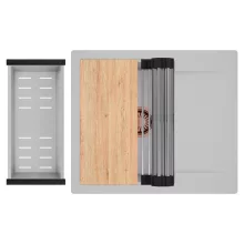 HD Onyx Grey 58 egymedencés gránit mosogatótálca szett, csepegtetőtálcával, vágódeszkával, acél csepegtetőráccsal és kosárral, alpesi szürke színben, szálcsiszolt réz leeresztő szifonnal