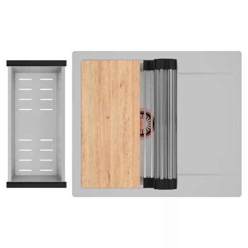 HD Onyx Grey 58 egymedencés gránit mosogatótálca szett, csepegtetőtálcával, vágódeszkával, acél csepegtetőráccsal és kosárral, alpesi szürke színben, szálcsiszolt réz leeresztő szifonnal