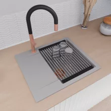 HD Onyx Grey 58 egymedencés gránit mosogatótálca szett, csepegtetőtálcával, vágódeszkával, acél csepegtetőráccsal és kosárral, alpesi szürke színben, szálcsiszolt réz leeresztő szifonnal