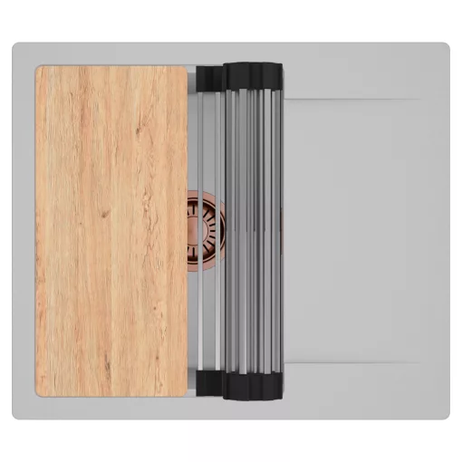 HD Onyx Grey 58 egymedencés gránit mosogatótálca szett, csepegtetőtálcával, vágódeszkával, acél csepegtetőráccsal, alpesi szürke színben, szálcsiszolt réz leeresztő szifonnal