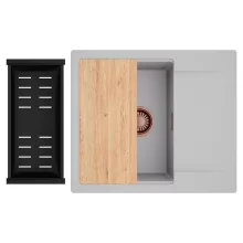 HD Onyx Grey 58 egymedencés gránit mosogatótálca szett, csepegtetőtálcával, vágódeszkával, matt fekete csepegtetőkosárral, alpesi szürke színben, szálcsiszolt réz leeresztő szifonnal