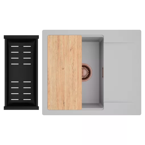 HD Onyx Grey 58 egymedencés gránit mosogatótálca szett, csepegtetőtálcával, vágódeszkával, matt fekete csepegtetőkosárral, alpesi szürke színben, szálcsiszolt réz leeresztő szifonnal