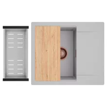 HD Onyx Grey 58 egymedencés gránit mosogatótálca szett, csepegtetőtálcával, vágódeszkával, acél csepegtetőkosárral, alpesi szürke színben, szálcsiszolt réz leeresztő szifonnal