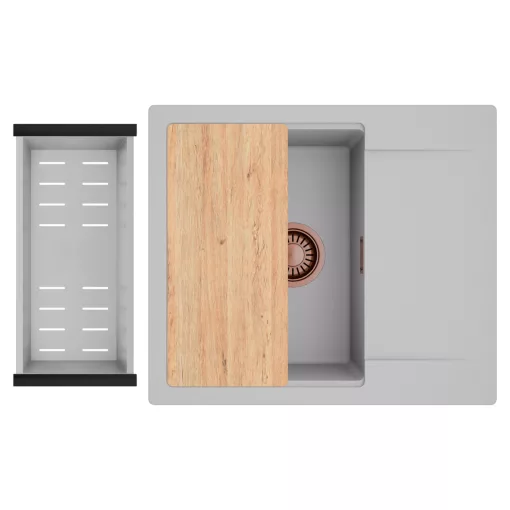 HD Onyx Grey 58 egymedencés gránit mosogatótálca szett, csepegtetőtálcával, vágódeszkával, acél csepegtetőkosárral, alpesi szürke színben, szálcsiszolt réz leeresztő szifonnal