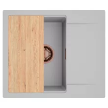 HD Onyx Grey 58 egymedencés gránit mosogatótálca, vágódeszkával, alpesi szürke színben, szálcsiszolt réz leeresztő szifonnal