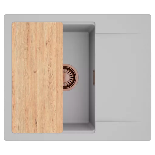 HD Onyx Grey 58 egymedencés gránit mosogatótálca, vágódeszkával, alpesi szürke színben, szálcsiszolt réz leeresztő szifonnal