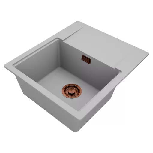 HD Onyx Grey 58 egymedencés gránit mosogatótálca, vágódeszkával, alpesi szürke színben, szálcsiszolt réz leeresztő szifonnal