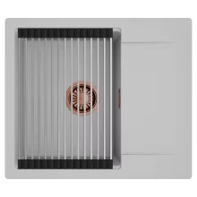 HD Onyx Grey 58 egymedencés mosogatótálca szett, acél csepegtetőráccsal, csepegtetőtálcával, alpesi szürke színben, szálcsiszolt réz leeresztő szifonnal