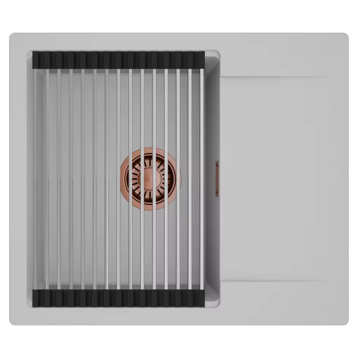 HD Onyx Grey 58 egymedencés mosogatótálca szett, acél csepegtetőráccsal, csepegtetőtálcával, alpesi szürke színben, szálcsiszolt réz leeresztő szifonnal