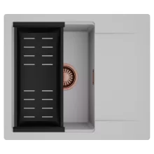 HD Onyx Grey 58 egymedencés mosogatótálca szett, matt fekete csepegtetőkosárral, csepegtetőtálcával, alpesi szürke színben, szálcsiszolt réz leeresztő szifonnal