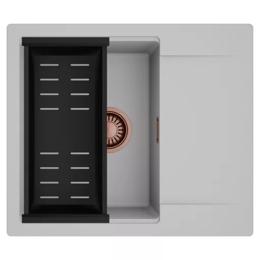 HD Onyx Grey 58 egymedencés mosogatótálca szett, matt fekete csepegtetőkosárral, csepegtetőtálcával, alpesi szürke színben, szálcsiszolt réz leeresztő szifonnal