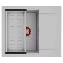 HD Onyx Grey 58 egymedencés mosogatótálca szett, acél csepegtetőkosárral, csepegtetőtálcával, alpesi szürke színben, szálcsiszolt réz leeresztő szifonnal