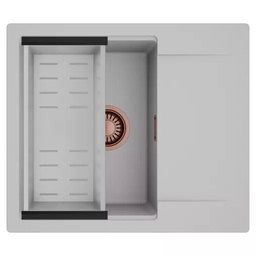 HD Onyx Grey 58 egymedencés mosogatótálca szett, acél csepegtetőkosárral, csepegtetőtálcával, alpesi szürke színben, szálcsiszolt réz leeresztő szifonnal