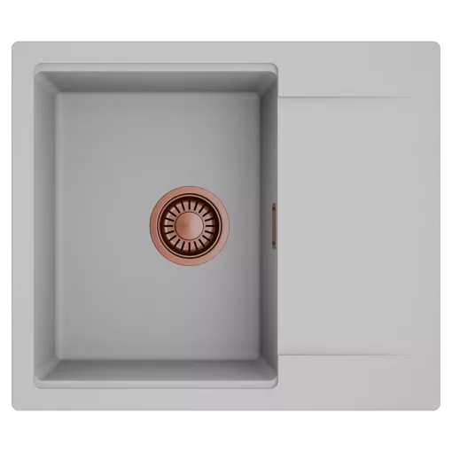 HD Onyx Grey 58 egymedencés mosogatótálca, csepegtetőtálcával, alpesi szürke színben, szálcsiszolt réz leeresztő szifonnal