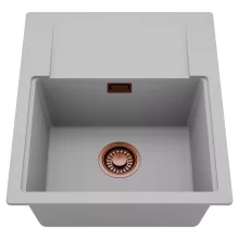 HD Onyx Grey 58 egymedencés mosogatótálca, csepegtetőtálcával, alpesi szürke színben, szálcsiszolt réz leeresztő szifonnal