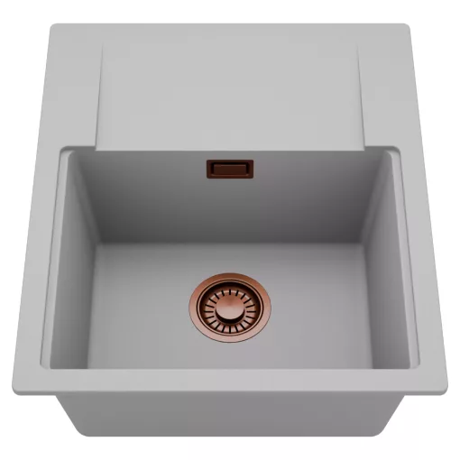 HD Onyx Grey 58 egymedencés mosogatótálca, csepegtetőtálcával, alpesi szürke színben, szálcsiszolt réz leeresztő szifonnal