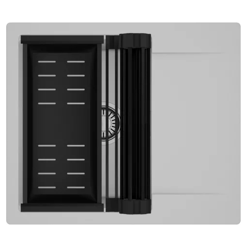 HD Onyx Grey 58 egymedencés mosogatótálca szett, matt fekete csepegtetőráccsal és kosárral, csepegtetőtálcával, alpesi szürke színben