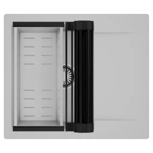 HD Onyx Grey 58 egymedencés mosogatótálca szett, matt fekete csepegtetőráccsal és krómozott kosárral, csepegtetőtálcával, alpesi szürke színben