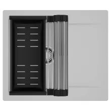 HD Onyx Grey 58 egymedencés mosogatótálca szett, acél csepegtetőráccsal és matt fekete kosárral, csepegtetőtálcával, alpesi szürke színben