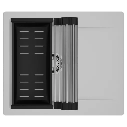 HD Onyx Grey 58 egymedencés mosogatótálca szett, acél csepegtetőráccsal és matt fekete kosárral, csepegtetőtálcával, alpesi szürke színben