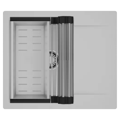 HD Onyx Grey 58 egymedencés mosogatótálca szett, acél csepegtetőráccsal és kosárral, csepegtetőtálcával, alpesi szürke színben