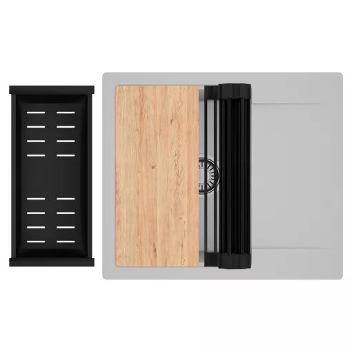 HD Onyx Grey 58 egymedencés gránit mosogatótálca szett, csepegtetőtálcával, vágódeszkával, matt fekete csepegtetőráccsal és kosárral, alpesi szürke színben