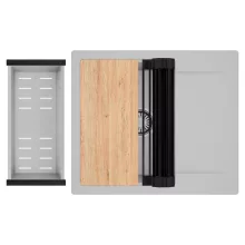 HD Onyx Grey 58 egymedencés gránit mosogatótálca szett, csepegtetőtálcával, vágódeszkával, matt fekete csepegtetőráccsal és krómozott kosárral, alpesi szürke színben