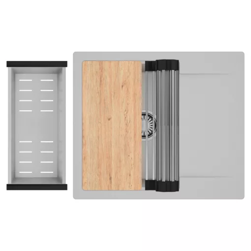 HD Onyx Grey 58 egymedencés gránit mosogatótálca szett, csepegtetőtálcával, vágódeszkával, acél csepegtetőráccsal és kosárral, alpesi szürke színben