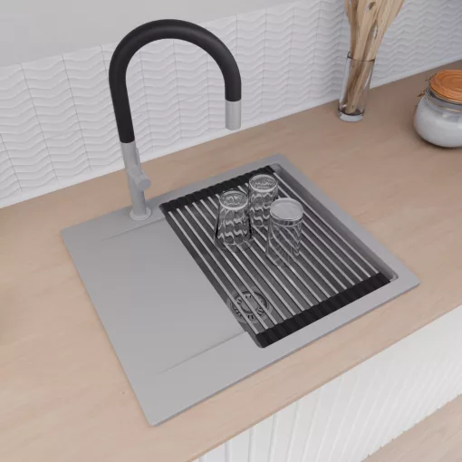 HD Onyx Grey 58 egymedencés gránit mosogatótálca szett, csepegtetőtálcával, vágódeszkával, acél csepegtetőráccsal, alpesi szürke színben