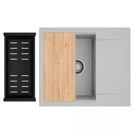 HD Onyx Grey 58 egymedencés gránit mosogatótálca szett, csepegtetőtálcával, vágódeszkával, matt fekete csepegtetőkosárral, alpesi szürke színben