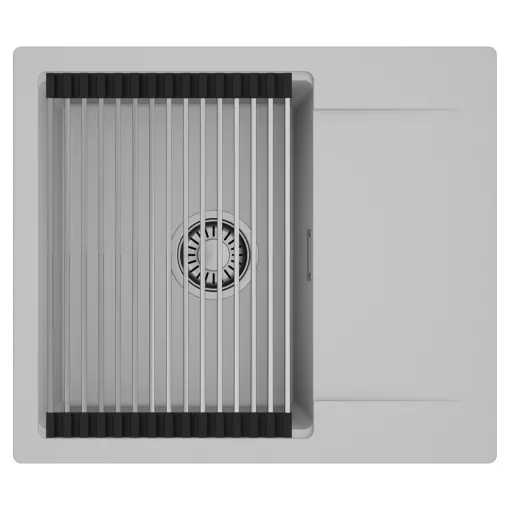 HD Onyx Grey 58 egymedencés mosogatótálca szett, acél csepegtetőráccsal, csepegtetőtálcával, alpesi szürke színben