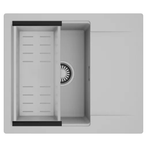 HD Onyx Grey 58 egymedencés mosogatótálca szett, acél csepegtetőkosárral, csepegtetőtálcával, alpesi szürke színben