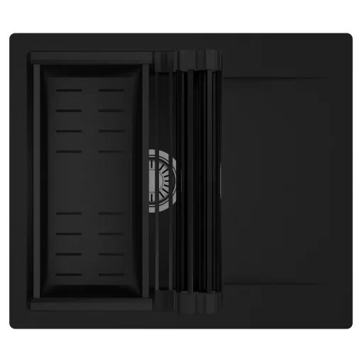 HD Onyx Black 58 egymedencés mosogatótálca szett, matt fekete csepegtetőráccsal és kosárral, csepegtetőtálcával, matt fekete színben, szálcsiszolt króm leeresztő szifonnal