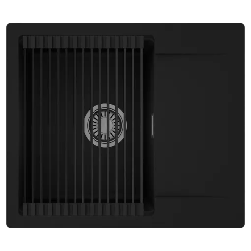 HD Onyx Black 58 egymedencés mosogatótálca szett, matt fekete csepegtetőráccsal, csepegtetőtálcával, matt fekete színben, szálcsiszolt króm leeresztő szifonnal