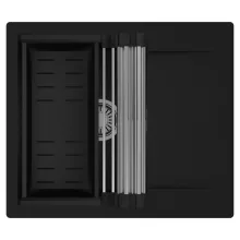 HD Onyx Black 58 egymedencés mosogatótálca szett, acél csepegtetőráccsal és matt fekete kosárral, csepegtetőtálcával, matt fekete színben, szálcsiszolt króm leeresztő szifonnal