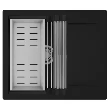 HD Onyx Black 58 egymedencés mosogatótálca szett, acél csepegtetőráccsal és kosárral, csepegtetőtálcával, matt fekete színben, szálcsiszolt króm leeresztő szifonnal