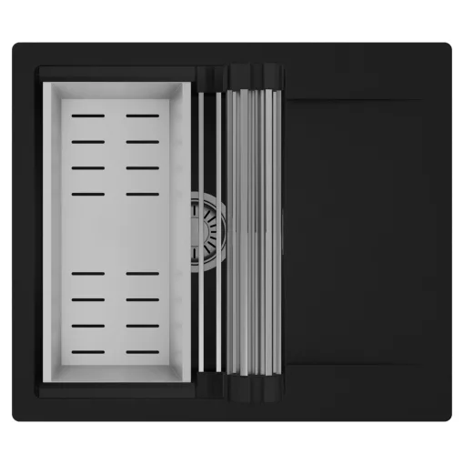 HD Onyx Black 58 egymedencés mosogatótálca szett, acél csepegtetőráccsal és kosárral, csepegtetőtálcával, matt fekete színben, szálcsiszolt króm leeresztő szifonnal