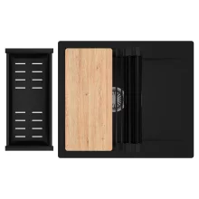 HD Onyx Black 58 egymedencés gránit mosogatótálca szett, csepegtetőtálcával, vágódeszkával, matt fekete csepegtetőráccsal és kosárral, matt fekete színben, szálcsiszolt króm leeresztő szifonnal