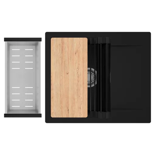 HD Onyx Black 58 egymedencés gránit mosogatótálca szett, csepegtetőtálcával, vágódeszkával, matt fekete csepegtetőráccsal és krómozott kosárral, matt fekete színben, szálcsiszolt króm leeresztő szifonnal