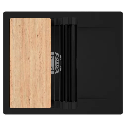 HD Onyx Black 58 egymedencés gránit mosogatótálca szett, csepegtetőtálcával, vágódeszkával, matt fekete csepegtetőráccsal, matt fekete színben, szálcsiszolt króm leeresztő szifonnal