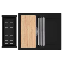 HD Onyx Black 58 egymedencés gránit mosogatótálca szett, csepegtetőtálcával, vágódeszkával, acél csepegtetőráccsal és matt fekete kosárral, matt fekete színben, szálcsiszolt króm leeresztő szifonnal