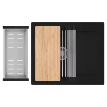 HD Onyx Black 58 egymedencés gránit mosogatótálca szett, csepegtetőtálcával, vágódeszkával, acél csepegtetőráccsal és kosárral, matt fekete színben, szálcsiszolt króm leeresztő szifonnal