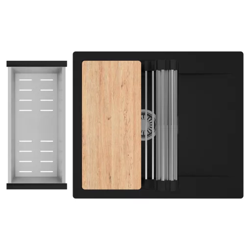 HD Onyx Black 58 egymedencés gránit mosogatótálca szett, csepegtetőtálcával, vágódeszkával, acél csepegtetőráccsal és kosárral, matt fekete színben, szálcsiszolt króm leeresztő szifonnal